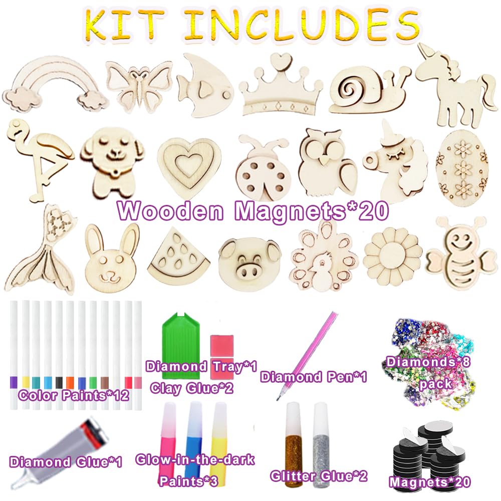 Wooden Magnet Kids Painting Kit - Glow in The Dark - Diamonds DIY Wood Painting Arts Crafts Kit for Kids Age 4-8 8-12, Party Favors Birthday Easter Toys Basket Goodie Bag Stuffers for Boys Girls See You Always