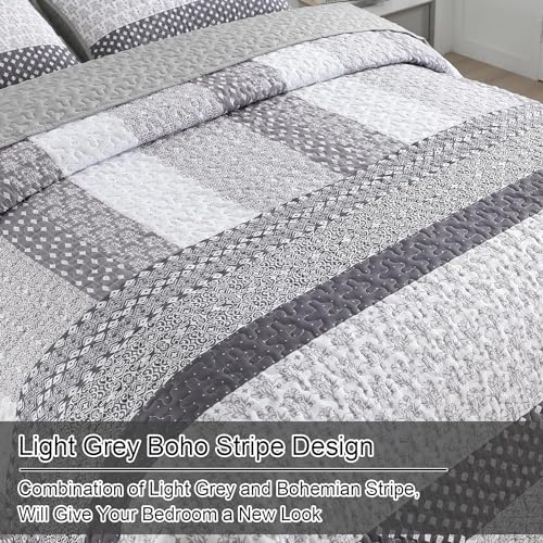 WONGS BEDDING Grey Quilt King Size, Bohemian Stripe Quilt Sets 3 Pieces Boho Quilted Bedspread Set Lightweight Microfiber Coverlet Bedding Set All Season (104"x90") WONGS BEDDING