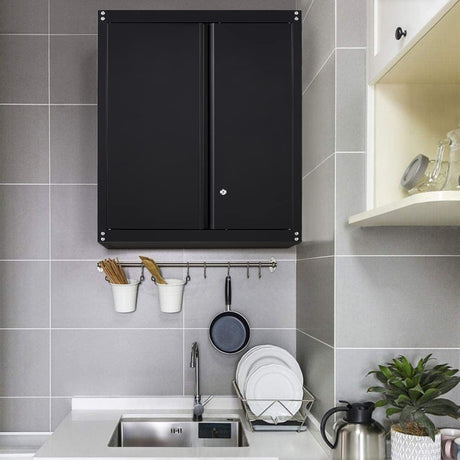 GREATMEET Metal Wall Cabinet, Wall Mounted Storage Cabinet for Garage Storage, Floating Cabinet with Doors and Adjustable Shelf, Steel Cabinet with Lock for Utility Room,Garage GREATMEET