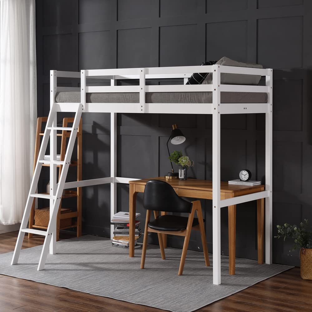 JOYMOR Twin High Loft Bed Frame - Space-Saving Wooden Bed for Kids and Teens, No Box Spring Needed, White - WoodArtSupply