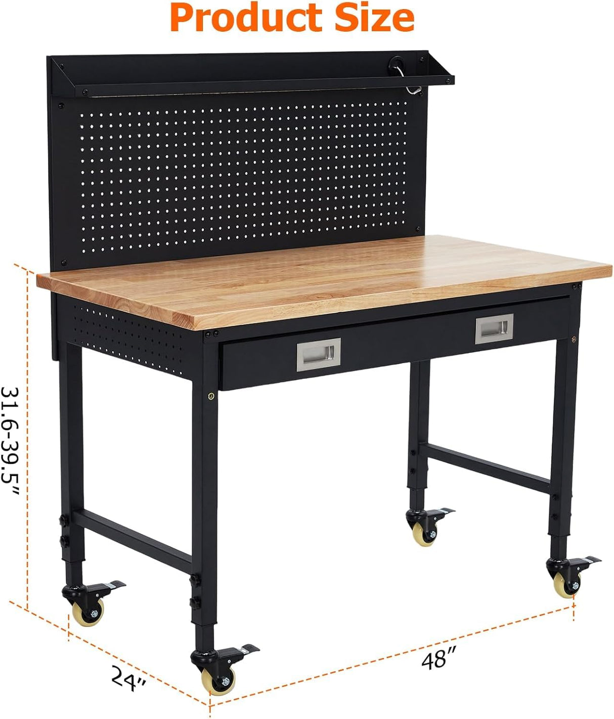 Workbench Adjustable Height 48" x 24" Worktable, Heavy Duty Rubber Wood Top Workbench with Drawer Storage Pegboard, 2000LBS Load Capacity, Tool Storage Workstation with Power Outlets & Lockable Wheels Euker