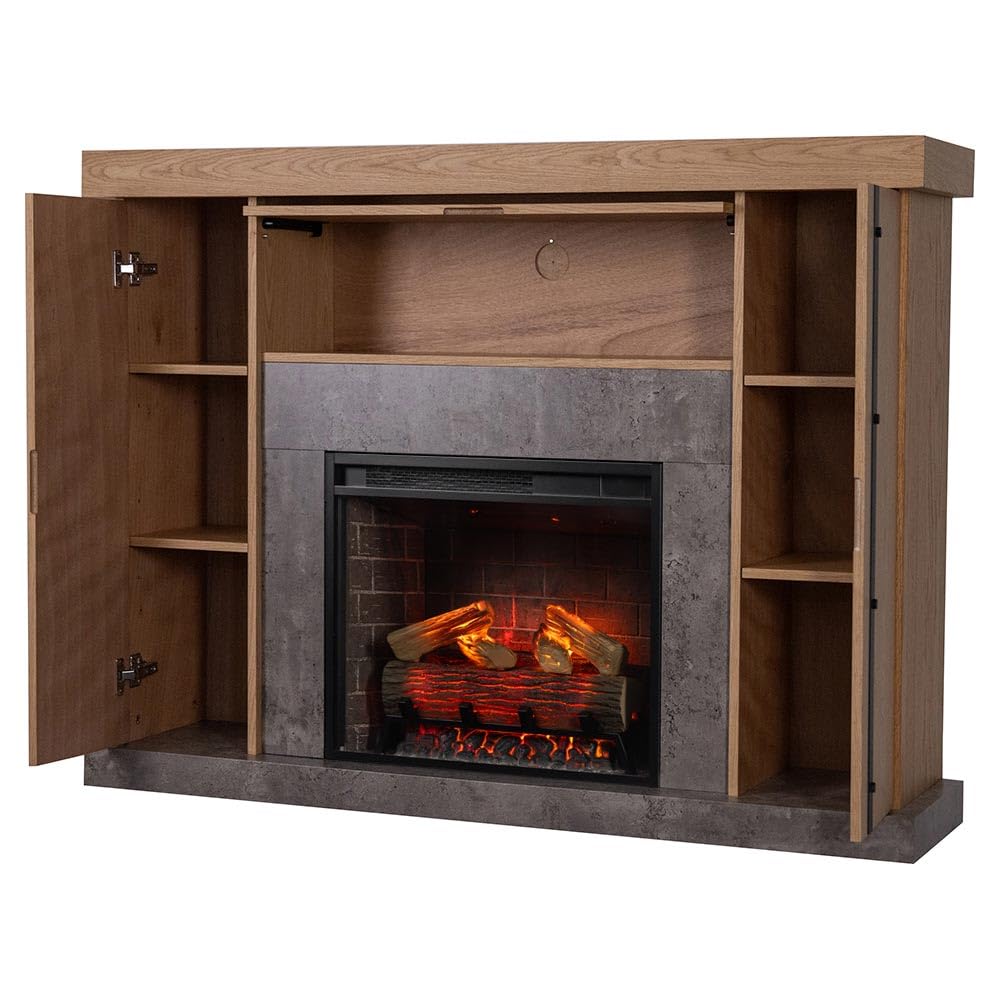 Country Living Graham 55 Inch Mantel Package | 23 Inch Smart Electric Fireplace Insert Heater w/Remote | Oak Wood Finish | Hidden Storage Space | Alexa & Google Compatible | Multi-Color Flames