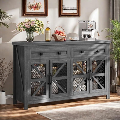 YITAHOME 55'' Farmhouse Buffet Cabinet with Storage, Large Sideboard Cabinet with 4 Mesh Decorated Doors & 2 Drawers, Kitchen Storage Cabinet Coffee Bar Cabinet, Living Room, Dark Grey