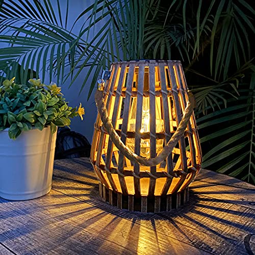 Hanging Solar Lantern Rattan Outdoor Lanterns for Patio Waterproof with Handle Large Bright Natural Bamboo Solar Table Lamp LED Lights Edison Bulb Design Decor for Wedding Yard Garden Farmhouse