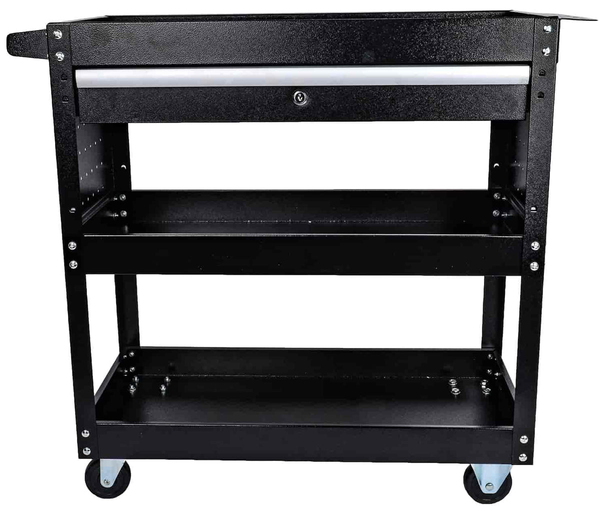 JEGS 3-Shelf Shop Cart | 200 LBS Capacity | Black Finish | 3 Shelves, 1 Locking Drawer, Tool Tray, 2 Swivel Caster Wheels, 2 Straight Caster Wheels JEGS