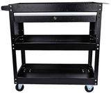 JEGS 3-Shelf Shop Cart | 200 LBS Capacity | Black Finish | 3 Shelves, 1 Locking Drawer, Tool Tray, 2 Swivel Caster Wheels, 2 Straight Caster Wheels JEGS