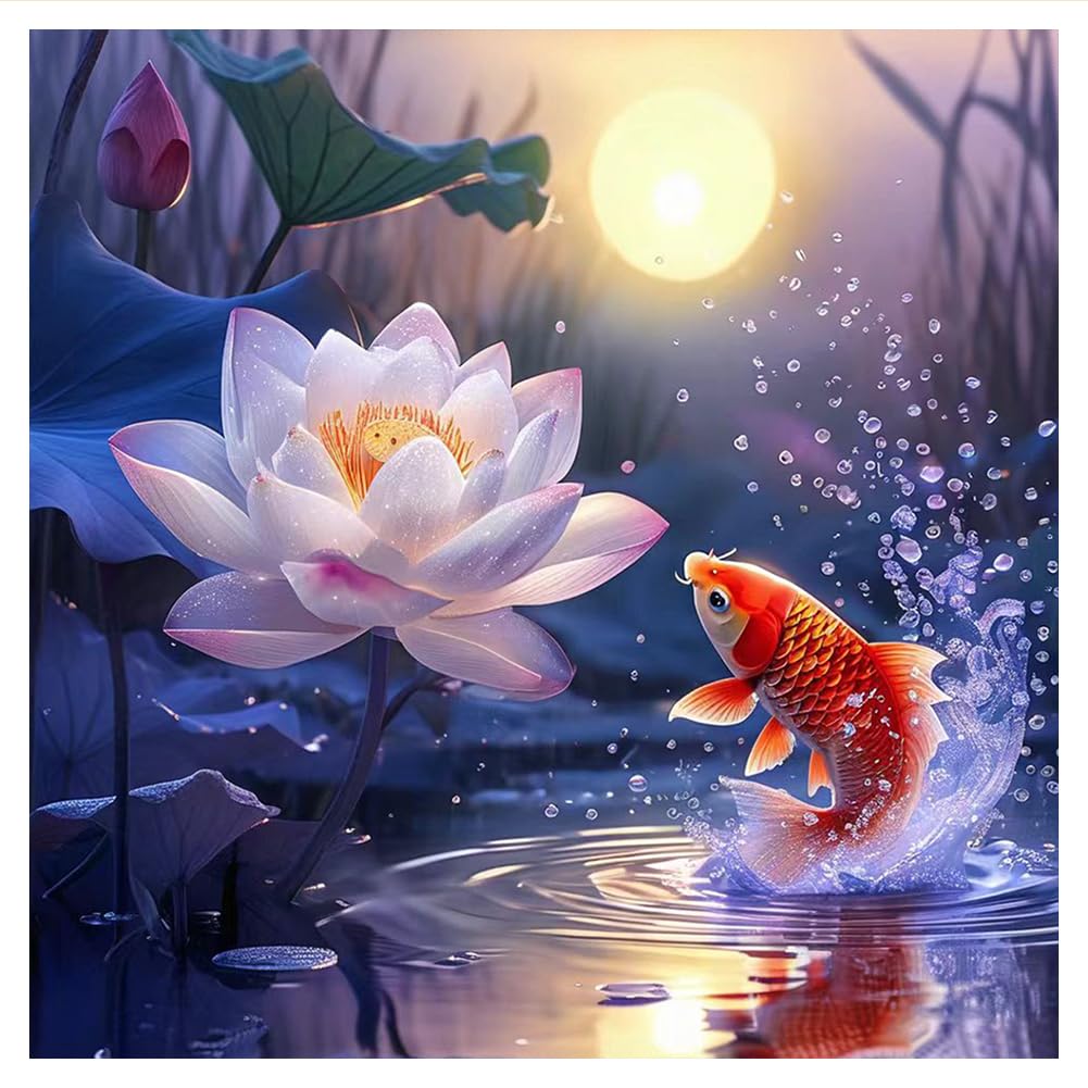 hill froeistung Lotus Flower Diamond Art Painting Kits for Adults,Fish Diamond Art for Beginners, 5D DIY Full Drill Round Gem Art Craft Home Wall Decor Gift 12x12 inch hill froeistung