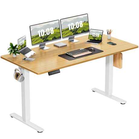Sweetcrispy Electric Adjustable Height Standing Desk - 63 x 24 inch Sit to Stand Up Desk with Splice Board, Rising Home Office Computer Table with 2 Hook and Wire Hole for Work Sweetcrispy