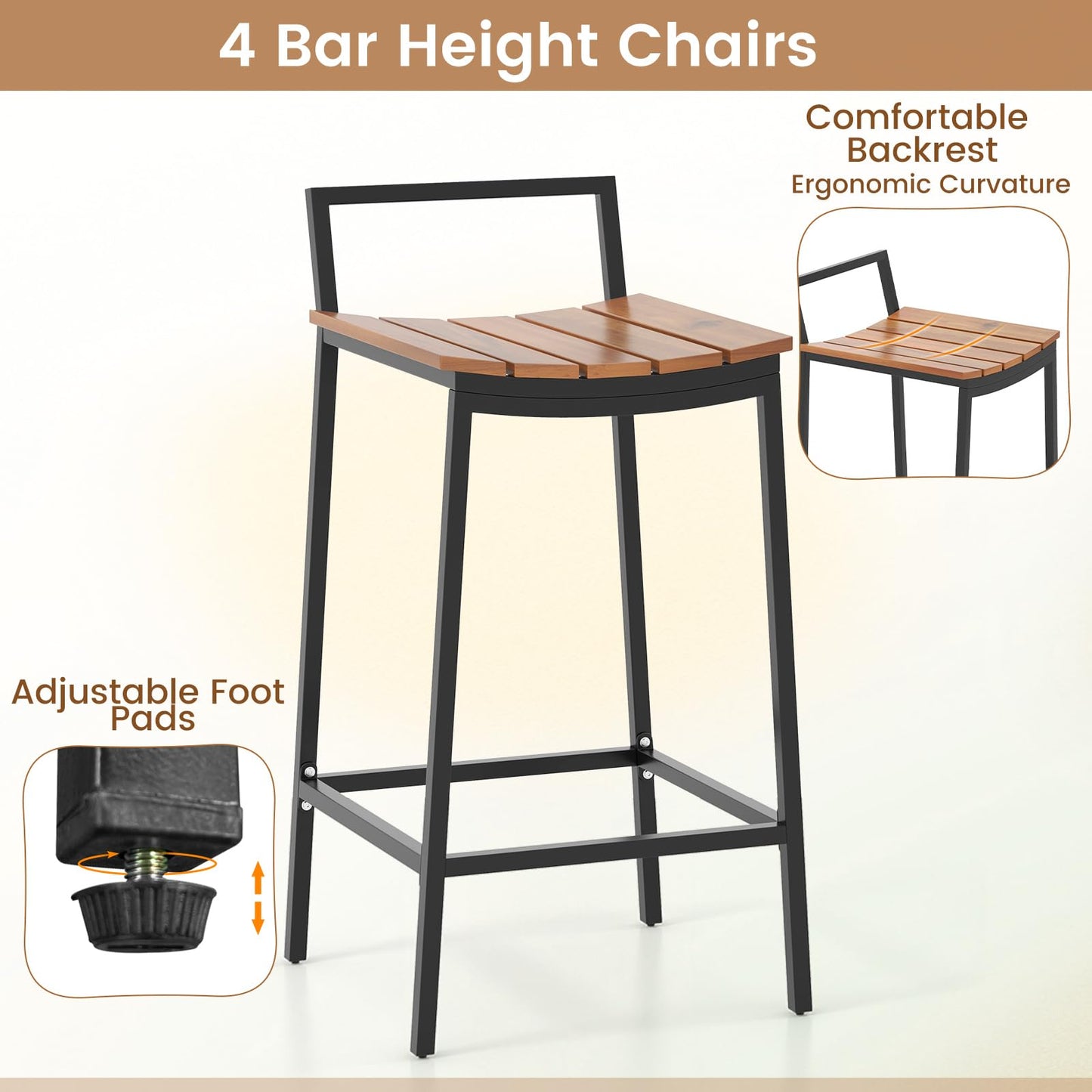 HAPPYGRILL 5-Piece Acacia Wood Outdoor Bar Set with Metal Frame & Footrest