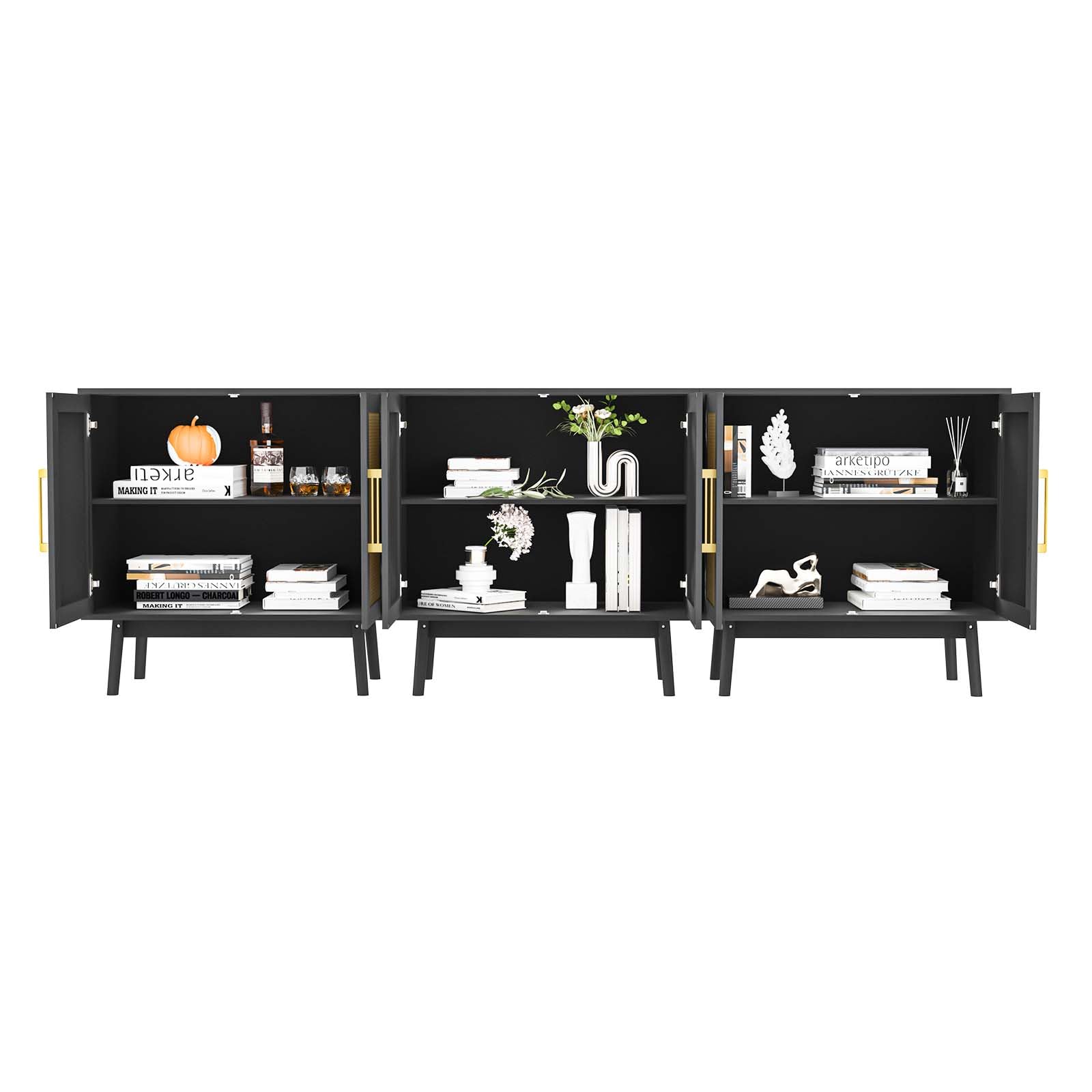 LYNSOM Sideboard Buffet Storage Cabinet, Long Buffet Cabinet with Rattan Decor Doors, Cupboard Console Table, 3 Pieces Wooden Sideboard Cabinet for Hallway, Entry, Living Room, Black - WoodArtSupply