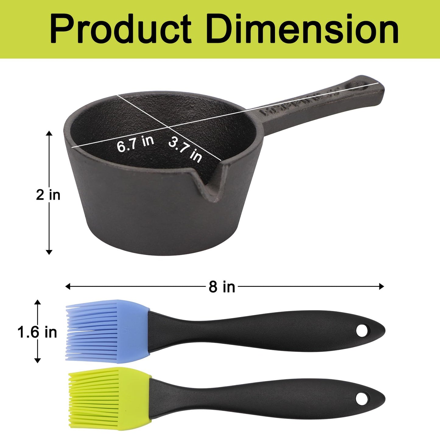 Svailse Cast Iron Melting Pot and Silicone Basting Brush Set for Grilling, BBQ Basting Set with Small Cast Iron Pot and 2 Pcs Heat Resistant Brush, Barbecue Accessories for Meat Smoker and Stove