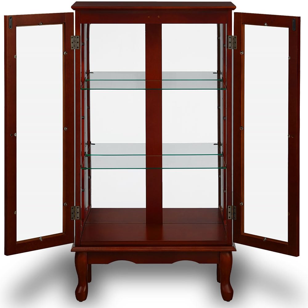 Anwick China Cabinet &Curio Cabinets with Glass Doors, Lighted Display Cabinet with Mirrored Back Panel, Tempered Glass and 3 Tiers Adjustable Shelves (Cherry) - WoodArtSupply