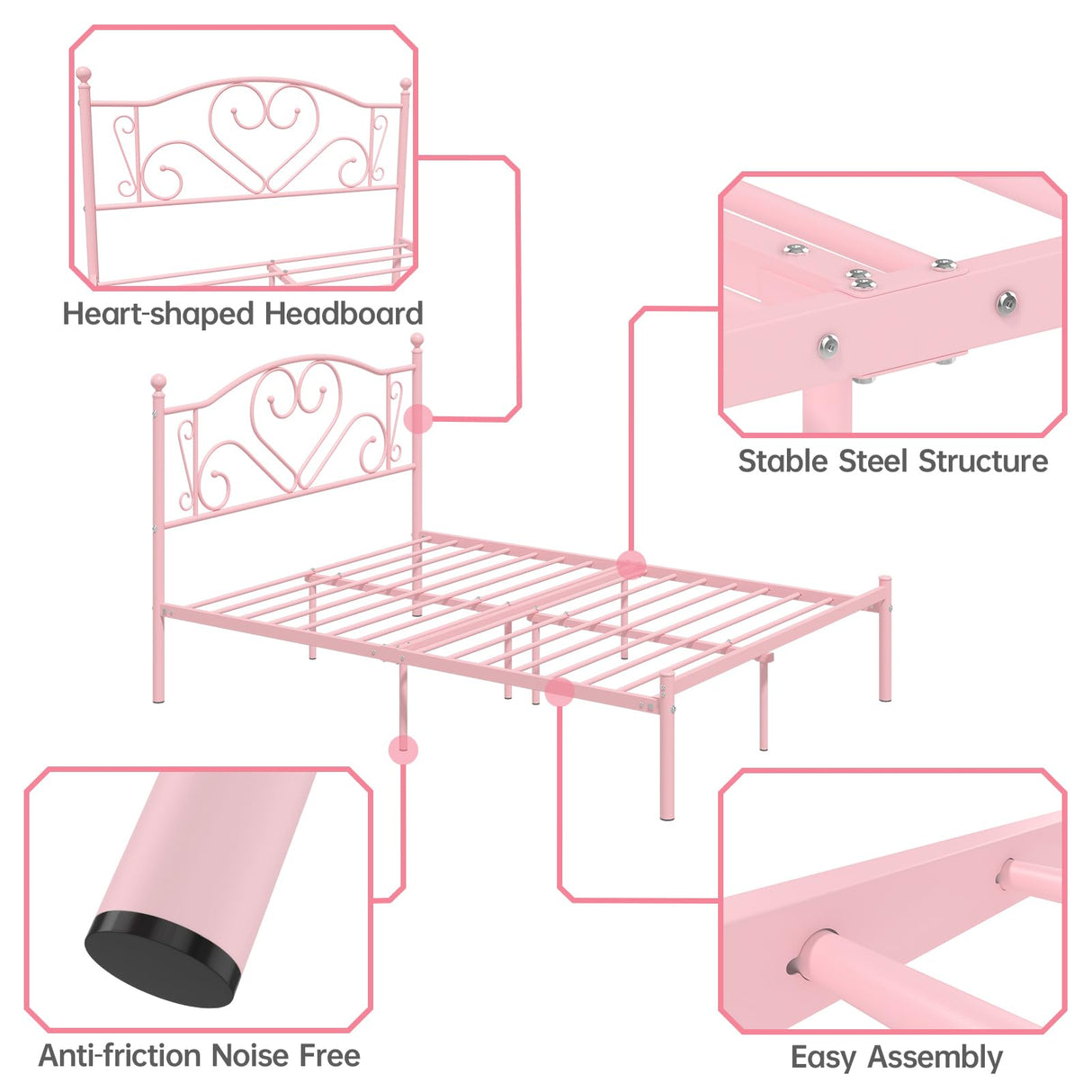 Weehom Full Size Bed Frame with Headboard, Heavy Duty Metal Platform Under Bed Storage Space No Box Spring Needed, Pink Weehom