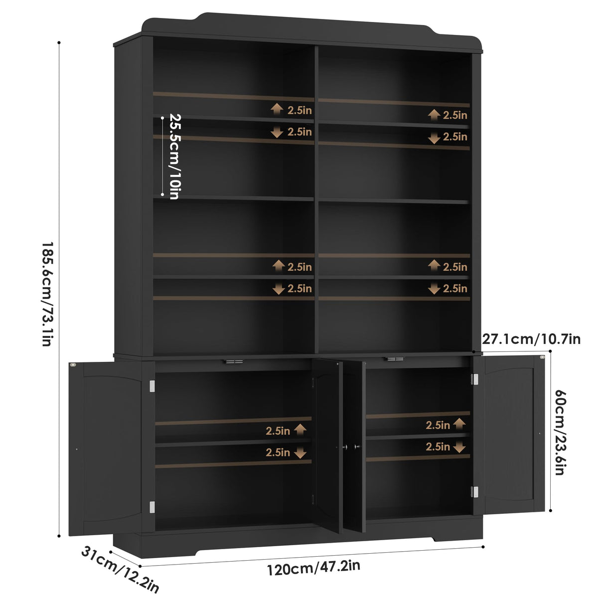 FACBOTALL 73.1" Bookcase with Doors,6 Tier Large Bookshelf with Storage,Adjustable Shelves & Curved Doors,11.9" Depth Bookcase and Bookshelf, Tall Storage Cabinet for Home Office, Living Room,Black FACBOTALL