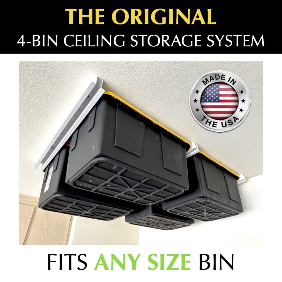 E-Z Garage Storage Overhead Bin Storage Rack Organization System - Store 4 Bins on Garage Ceiling/Adjustable to Fit Any Size Tub - Made In USA E-Z Garage Storage