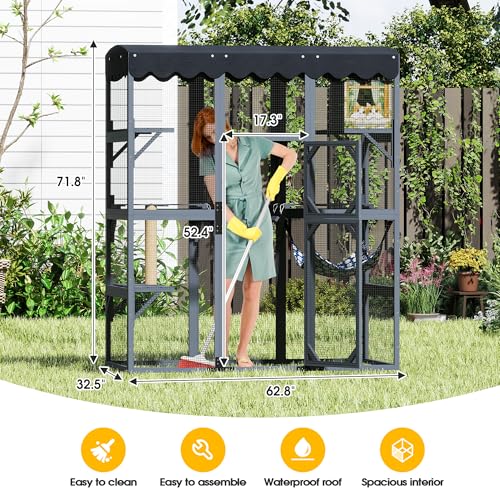 COZIWOW 72Inches Large Wood Catio Outdoor Cat Enclosure with Waterproof Roof, Multi-Level Cat House for 2-3 Cats, Spacious Perches, Hammock, and Scratching Post（Grey Fashion Pattern） COZIWOW