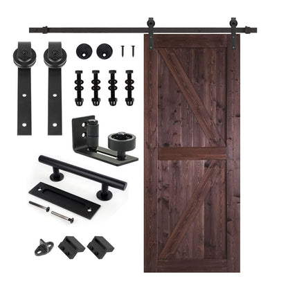 S&Z TOPHAND 36 in x 84 in Brown British Brace Knotty Barn Door with 6.6FT Sliding Door Hardware Kit/Double -Sided Door Handle/Solid Wood/Double - WoodArtSupply