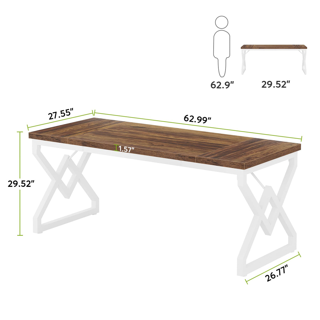 Tribesigns 63 Inch Executive Desk, Large Office Computer Desk with Extra Thick Wooden Tabletop and Metal Frame, Modern Simple Workstation Writing Table Study Desk for Home Office, Brown+White Tribesigns