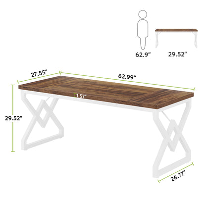 Tribesigns 63 Inch Executive Desk, Large Office Computer Desk with Extra Thick Wooden Tabletop and Metal Frame, Modern Simple Workstation Writing Table Study Desk for Home Office, Brown+White