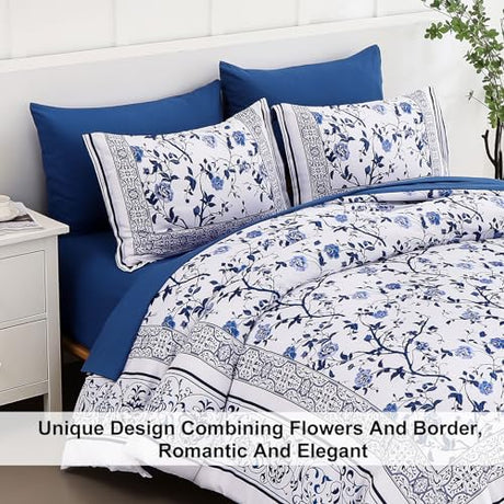 Dobuyly Floral King Size Comforter Set, Blue Flowers on White Botanical Bedding Set 7 Piece Bed in a Bag King, Soft Microfiber Bedding Comforter Sets with Sheets for All Season Dobuyly