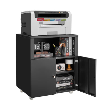 DKYNDSYN Metal Printer Stand with Storage Mobile File Cabinet on Wheels with Doors and Adjustable Shelf Rolling Printer Table Cart for Home Office Small Spaces Under Desk Printer Cabinet (Black) DKYNDSYN