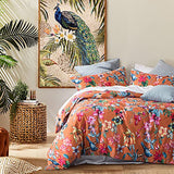 Eikei Botanical Garden Duvet Cover Washed Brushed 100-percent Cotton Bedding Set Asian Chinoiserie Print Colorful Tropical Tree Branches and Birds Floral Pattern (Queen, Orange) Eikei