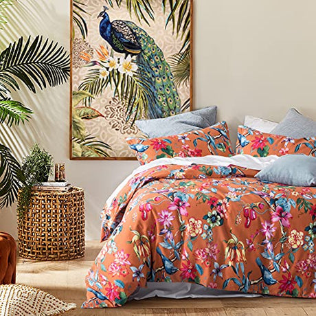 Eikei Botanical Garden Duvet Cover Washed Brushed 100-percent Cotton Bedding Set Asian Chinoiserie Print Colorful Tropical Tree Branches and Birds Floral Pattern (Queen, Orange) Eikei