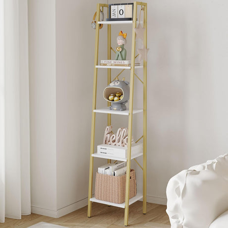 Hzuaneri Ladder Shelf, Bookshelf Bookcase, Freestanding Corner Storage Shelve with 2 Hooks for Home Office, Living Room, Kitchen, Bedroom, Industrial, 11.8" D x 13.4" W x 63" H, White Gold BC03213G Hzuaneri