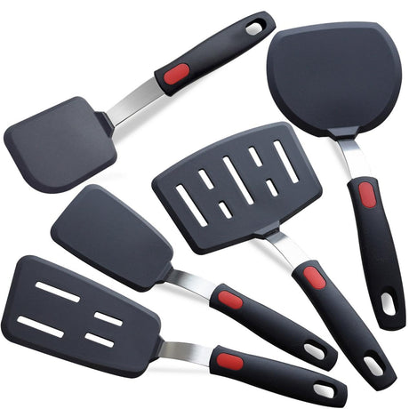 Silicone Spatula Turner, 5-Pack Spatulas Silicone Set for Nonstick Cookware, 600°F Heat Resistant Kitchen Cooking Utensils Set for Egg, Pancake Dishwasher Safe KAKAMINA