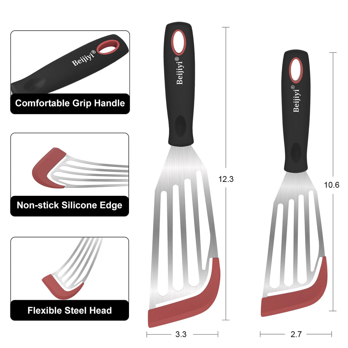 Beijiyi Fish Spatula Turner Set of 2, Heat Resistant Silicone Edge Slotted Fish Spatulas for Nonstick Cookware, Flexible and Thin Stainless Steel Kitchen Cooking Spatula Flipper for Fish, Egg, Pancake Beijiyi