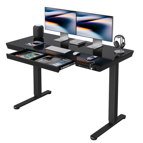 FEZIBO 48 × 24 Electric Standing Desk with Drawers, Whole-Piece Glass Adjustable Height Desk, One-Piece Quick Install Adjustable Sit Stand Desk, Black FEZIBO