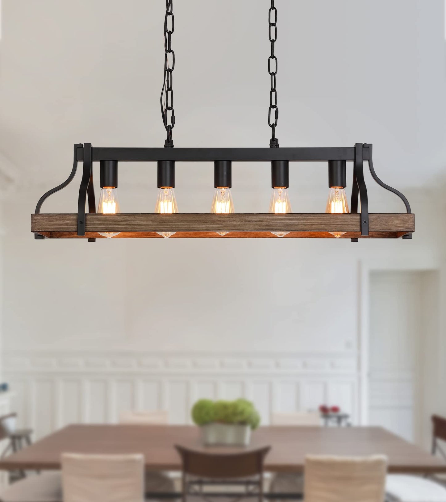 MEIXISUE Rustic Kitchen Island Dining Room Light Fixture Farmhouse Linear Chandelier Black and Retro Wood Finish 5-Light Industrial Metal Hanging Pendant Light UL Listed L33.5 W10.6