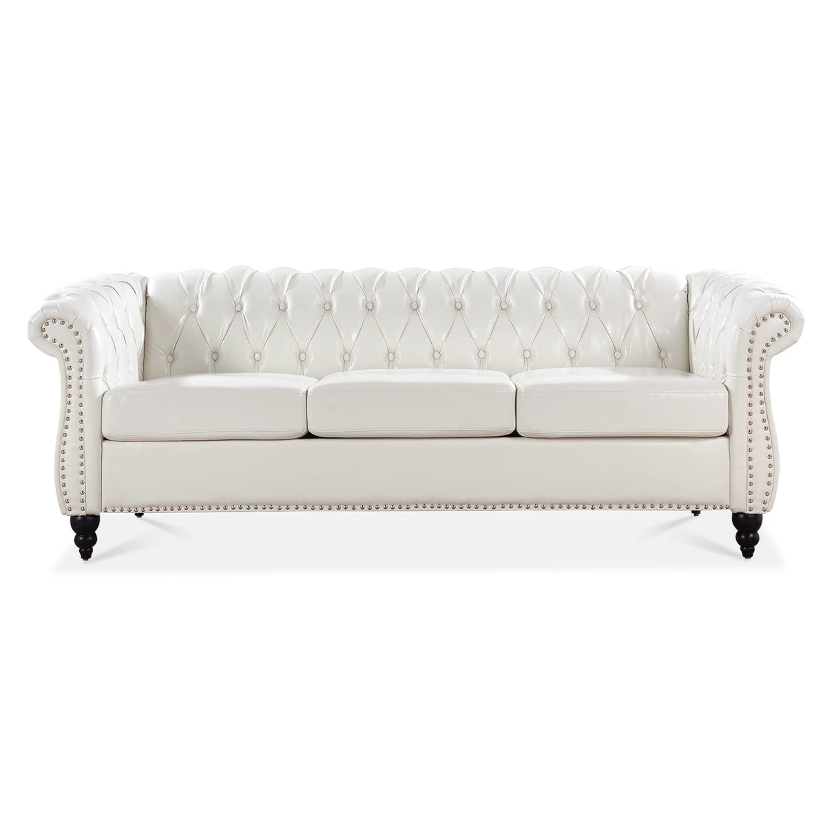 Ball & Cast 84" Chesterfield Leather Sofa with Channel Tufted Seat Back,Classic 3 Seater Couch w/Roll Arm Nailhead Trim and Upholstered,Mid Century Furniture for Living Room,Bedroom,Office,White PU Ball & Cast