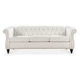 Ball & Cast 84" Chesterfield Leather Sofa with Channel Tufted Seat Back,Classic 3 Seater Couch w/Roll Arm Nailhead Trim and Upholstered,Mid Century Furniture for Living Room,Bedroom,Office,White PU Ball & Cast