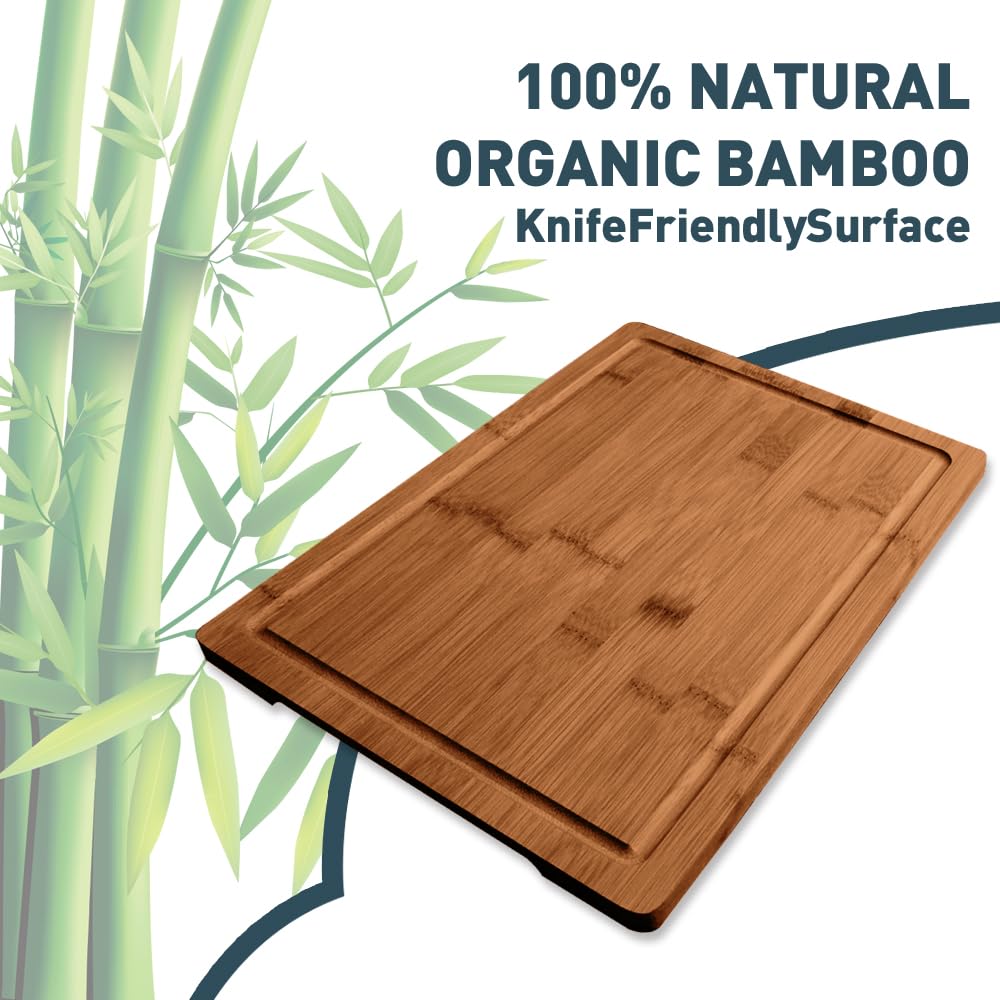 MelBell Bamboo Cutting Board Set Of 3 for Kitchen - Wooden Chopping Boards with Juice Groove - Wood Serving Board for Meat, Vegetables, Cheese