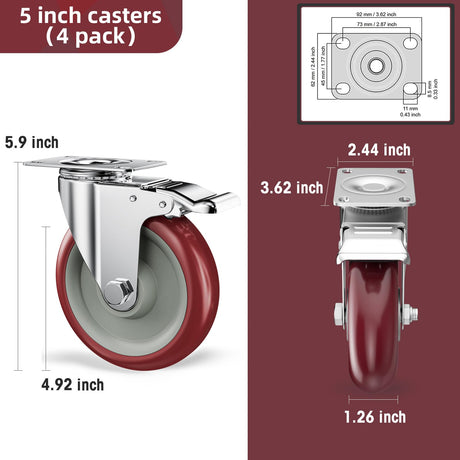 5 Inch Casters Set of 4 Heavy Duty - Caster Wheels, CLOATFET Locking Casters, Swivel Casters with Brake (Top Plate), Double Ball Bearing Non Marking Castor Wheels for Cart Furniture Workbench CLOATFET