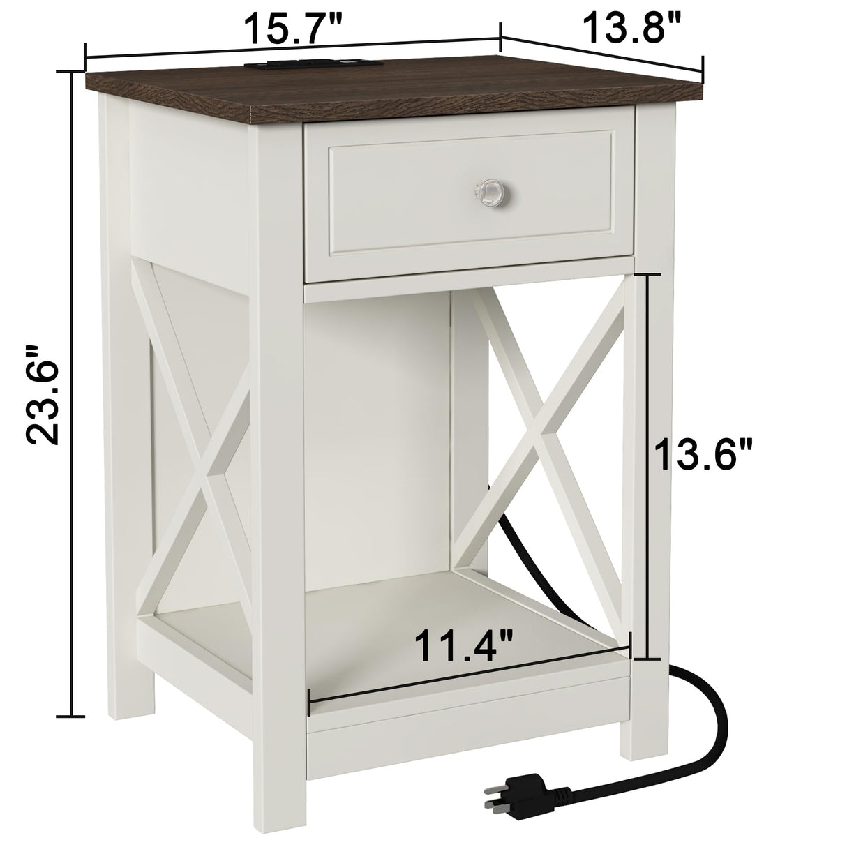 Treocho Farmhouse End Table Set of 2,Nightstand with Charging Station, X-Design Side Table with 2 AC and USB Power Outlets, Small Night Stand with Storage Drawer and Open Shelf for Living Room Treocho