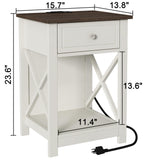 Treocho Farmhouse End Table Set of 2,Nightstand with Charging Station, X-Design Side Table with 2 AC and USB Power Outlets, Small Night Stand with Storage Drawer and Open Shelf for Living Room Treocho