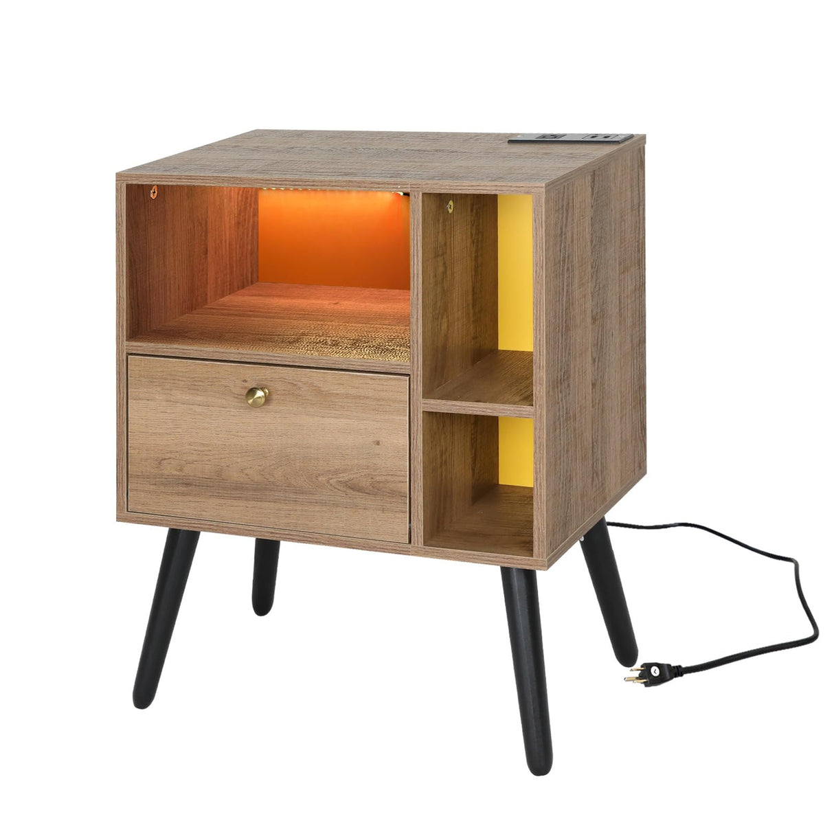 VIWODS Nightstand with Charging Station and LED Lights, Bedside Table with Solid Wood Legs for Bedroom, Oak and Yellow VIWODS