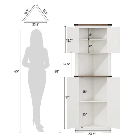 chartustriable 68" Tall Farmhouse Corner Cabinet, Corner Storage Cabinet with 4 Doors and Adjustable Shelves, Tall Barn Door Corner Cabinet with 5 Storage Shelves, for Kitchen, Bathroom, Antique White chartustriable