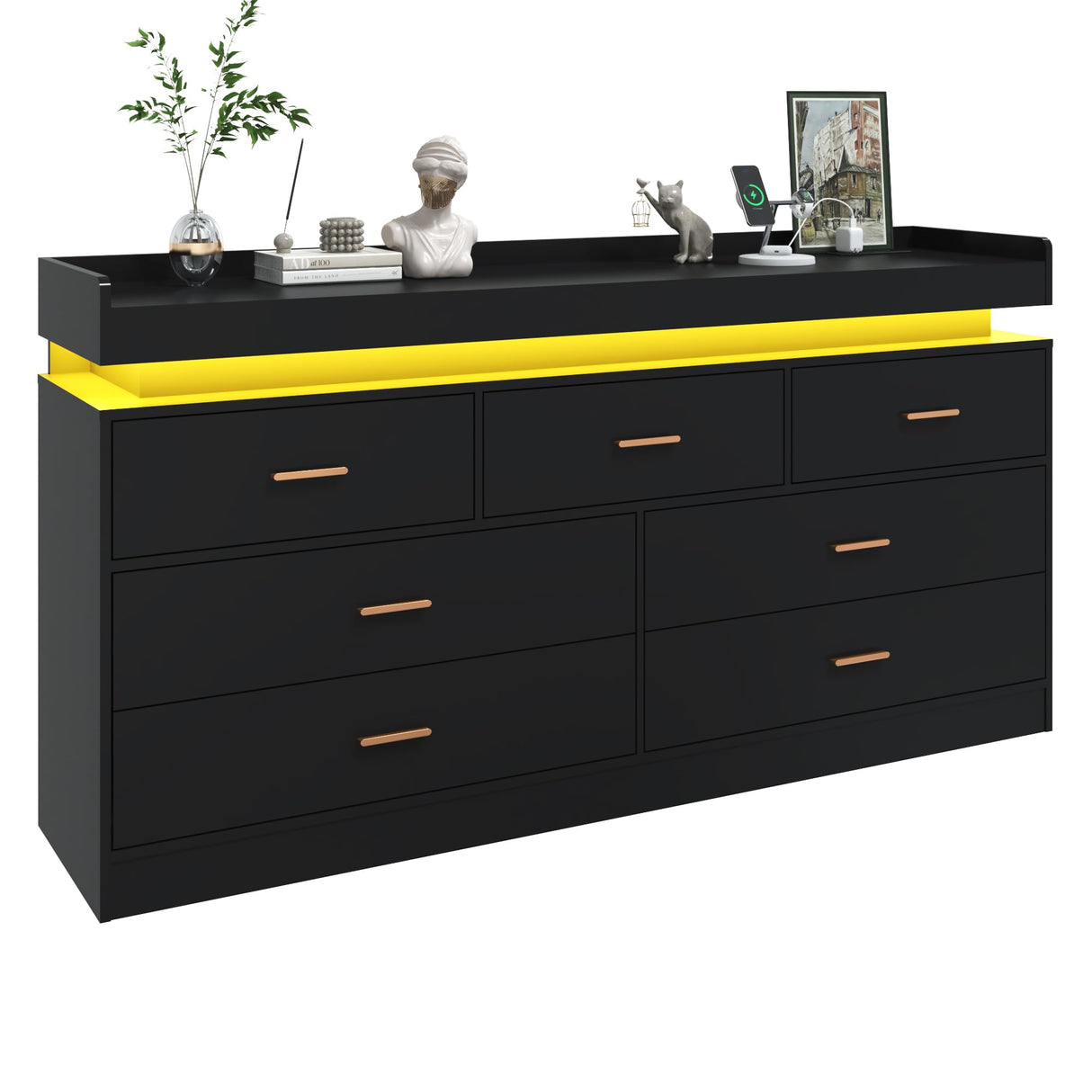 jiteentarou 7 Drawer Dresser with Charging Station and LED Lights, Modern Chest of Drawers with Power Outlet, Organizer Cabinet for Bedroom, Living Room, Entryway, Black jiteentarou