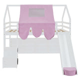 Kids Loft Bed Full Size, Full Loft Bed with Slide and Ladder, Kids House Loft Bed with Storage Shelf and Removable Tent, Full Size Loft Bed for Girls, Boys(Full White Pink) Bellemave