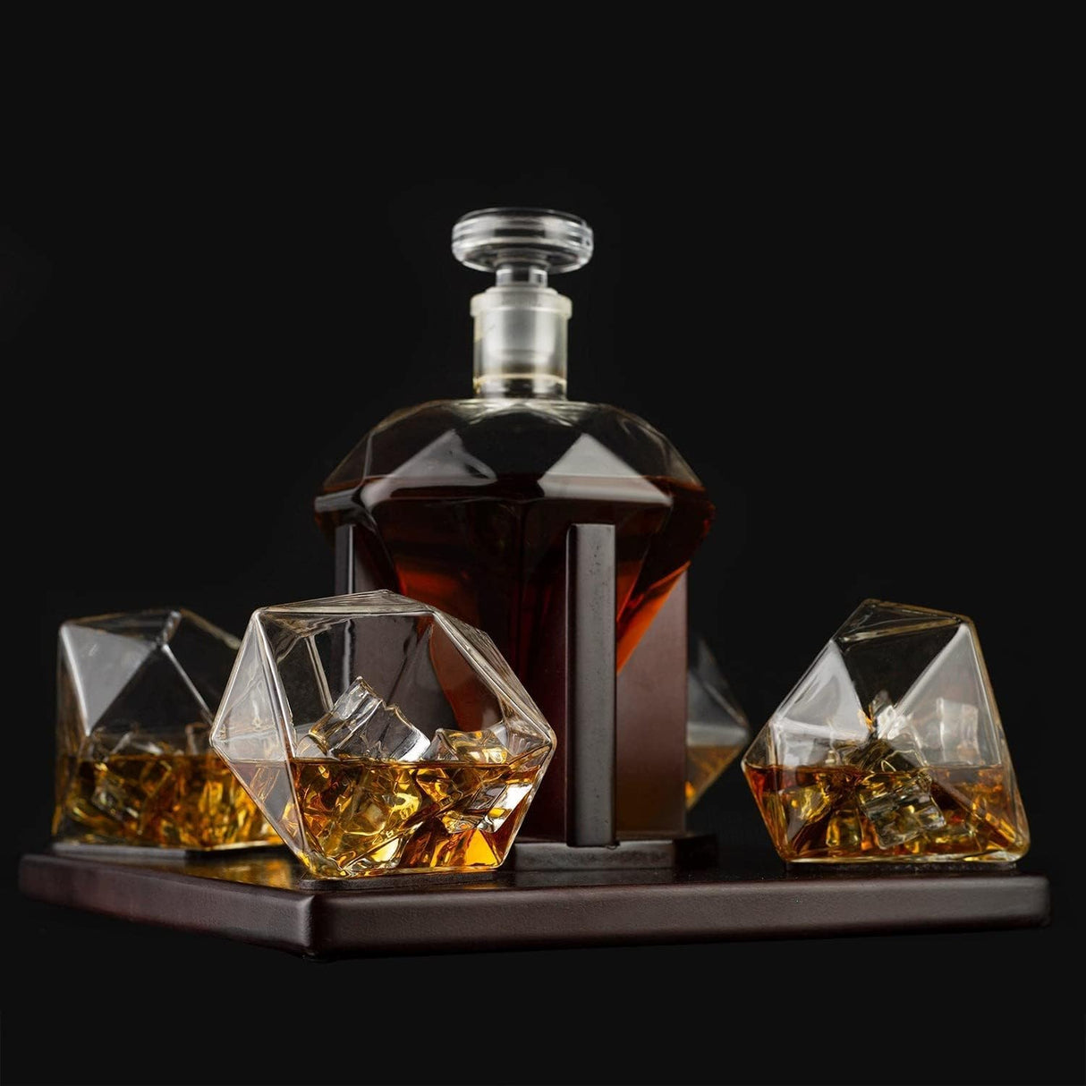 The Wine Savant Diamond Whiskey & Wine Decanter Set - 750ml With 4 Diamond Glasses and Beautiful Mahogany Wooden Holder Liquor, Scotch, Rum, Bourbon, Vodka, Tequila Tray Whiskey Gifts for Men & Women The Wine Savant