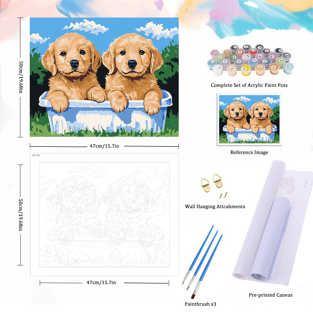 Natuyalo Paint by Numbers Kit for Adults - Cute Puppies DIY Adult Paint by Number Kits Animals Acrylic Canvas Painting for Adults Beginners Art Crafts Without Frame, 16x20 Inch Natuyalo