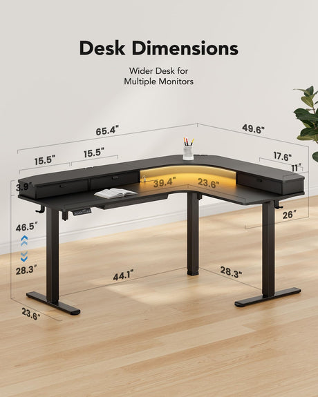 HUANUO 65″ L-Shaped Standing Desk with Power Outlets & LED Strip, Support C-Clamp Mount, Electric Height Adjustable Corner Computer Desk with 3 Drawers, Sit Stand Up Desk with Large Power Strip Holder HUANUO