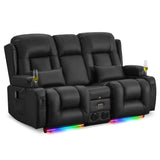 URRED Power Reclining Loveseat Sofa with Console, RV Couch Loveseat Recliner Sofa with Massage & Heat, LED Light, Cupholders, Bluetooth Speakers, USB Charge Ports, Outlets, Faux Leather, Black URRED