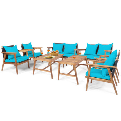 Tangkula 8-Piece Patio Furniture Set, Outdoor Acacia Wood Conversation Set with Cushions and Coffee Table, Outdoor PE Wicker Sectional Sofa Set for Garden, Poolside and Backyard (2, Turquoise - WoodArtSupply