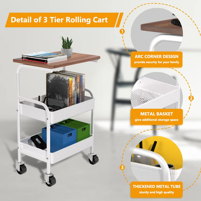 HIDODO Rolling Cart with Wooden Tabletop, 3 Tier Metal Utility Cart, Rolling Storage Organizer Cart with Lockable Wheels for Kitchen, Office, Bedroom (White)