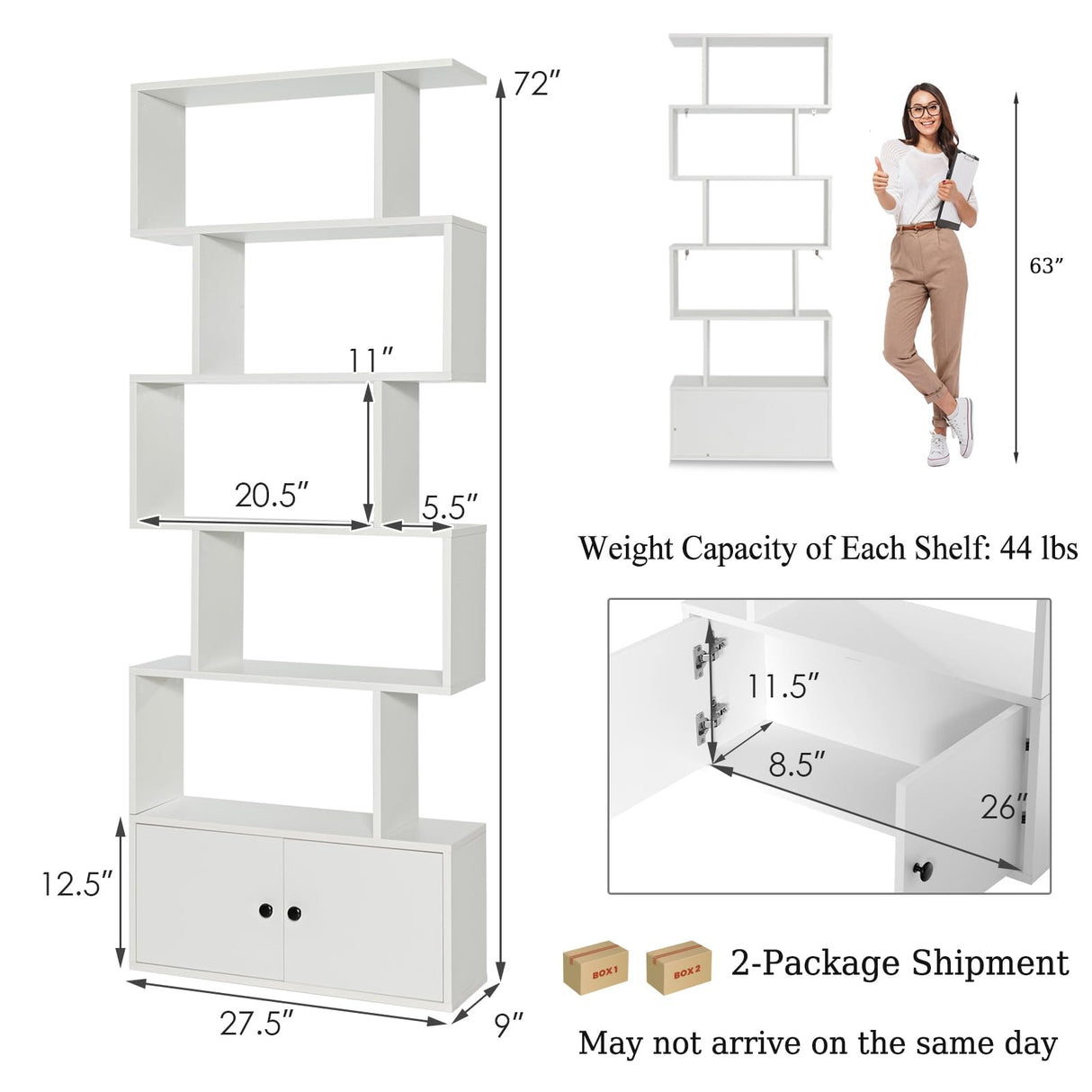 SILKYDRY 6-Tier Geometric Bookcase with Cabinet, 72 Inch Freestanding Room Divider Bookshelf, S-Shaped Open Display Book Shelf for Bedroom, Modern Bookcases with Doors and Shelves (2, White) SILKYDRY