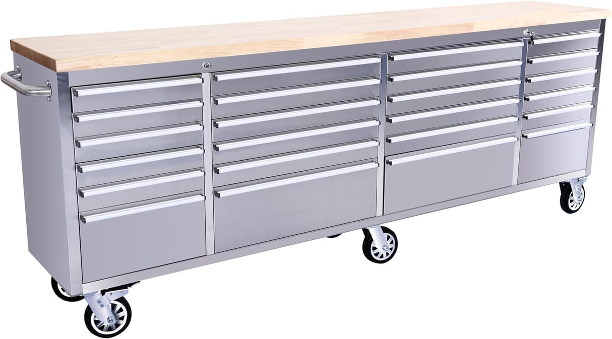 Rolling Tool Chest with Power Strip & Rubber Wood Top - 96 Inch Garage Workbench, Drawer Storage Cabinet Tool Box, Mobile Workstation SLEKVERSA